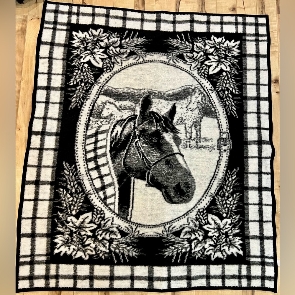 Vintage reversible plaid blanket with horse